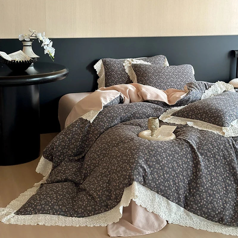 Bedding Set Reversible Floral Jacquard Lace Ruffle