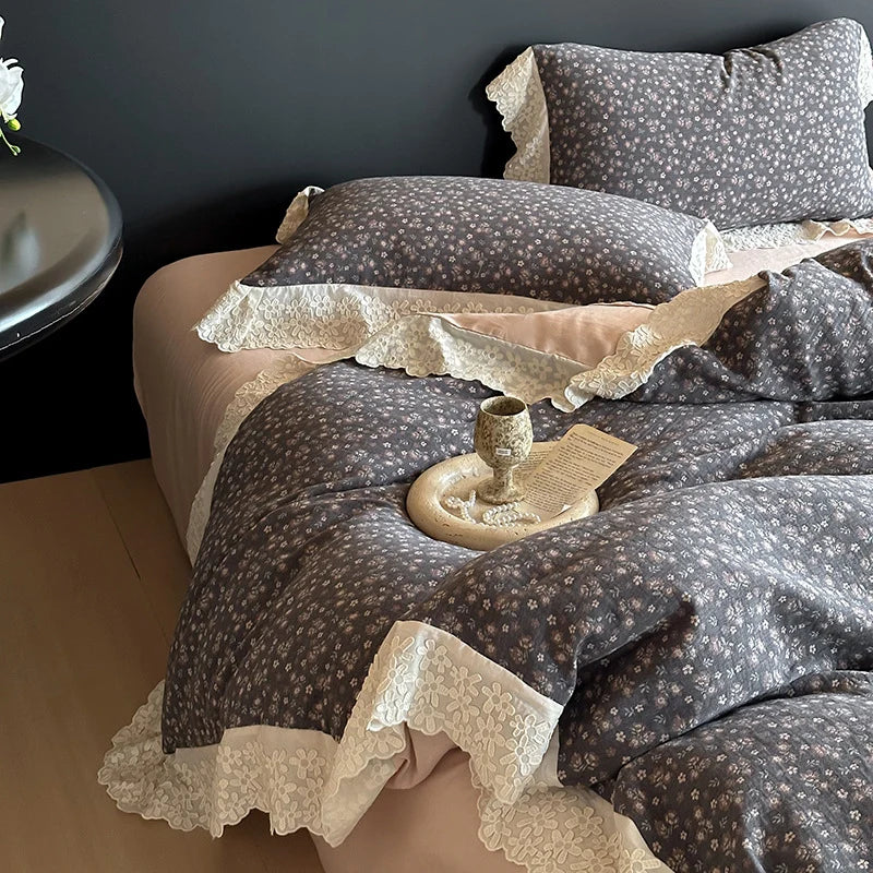 Bedding Set Reversible Floral Jacquard Lace Ruffle