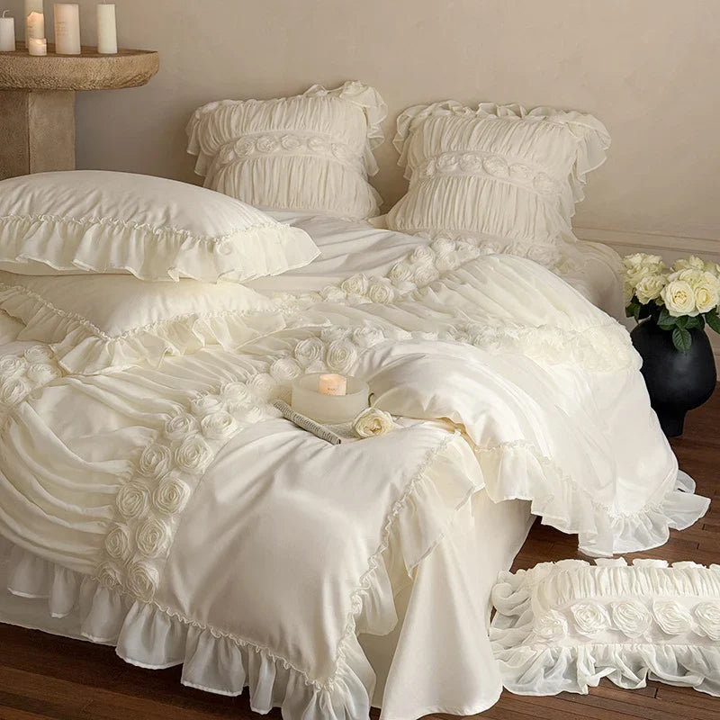Bedding Set Ruffled Edges & Rose Appliques