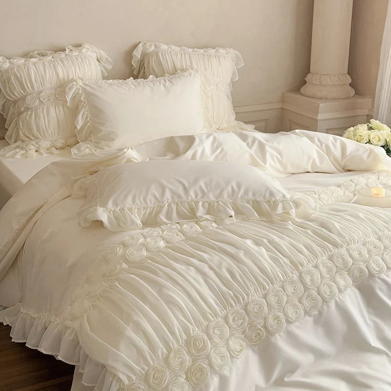 Bedding Set Ruffled Edges & Rose Appliques