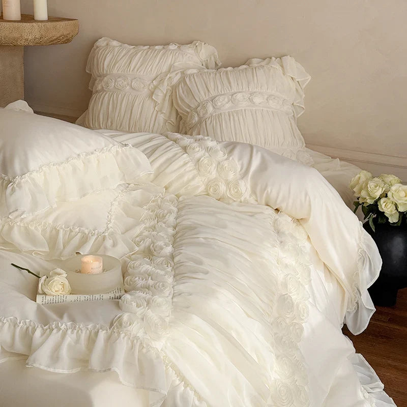 Bedding Set Ruffled Edges & Rose Appliques