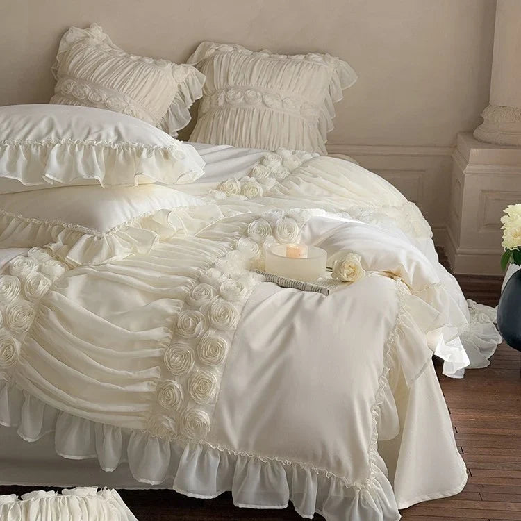 Bedding Set Ruffled Edges & Rose Appliques