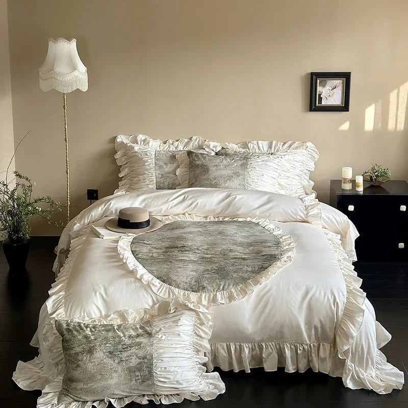 Bedding Set Ruffled Edges & Velvet Heart Satin-Look Fabric