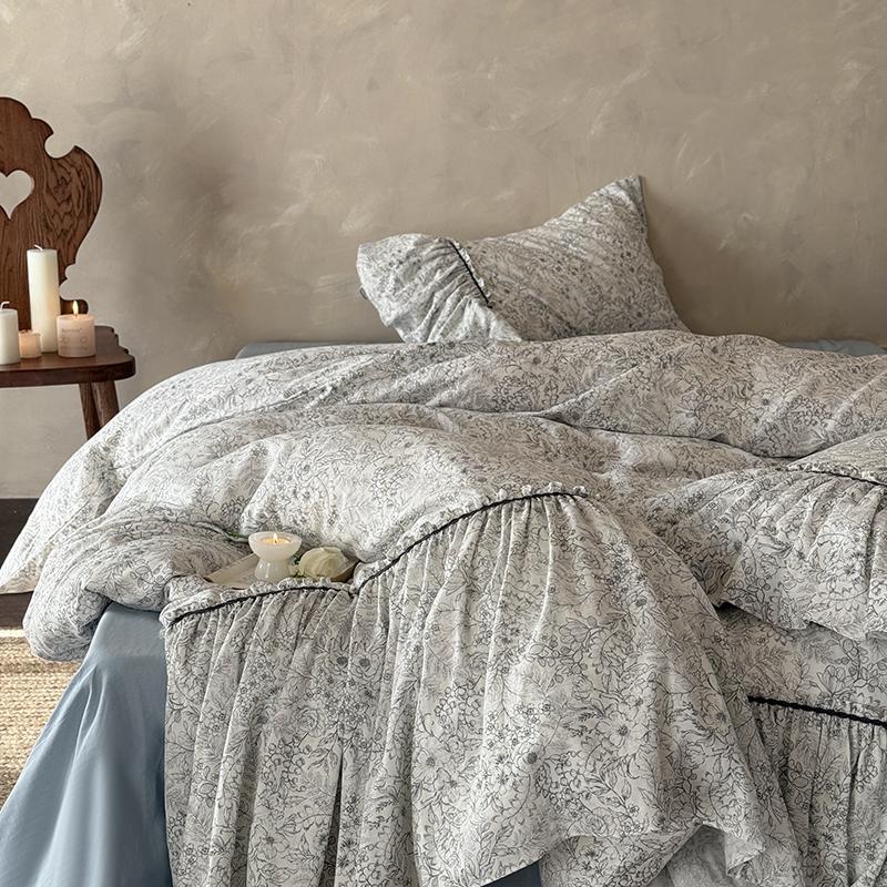 Bedding Set Ruffled Hem & Floral Cotton Blend 4 Piece