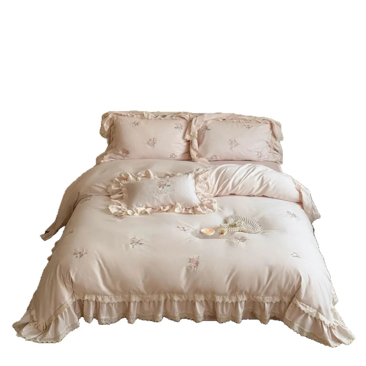 Bedding Set Ruffled Lace & Rose Embroidery