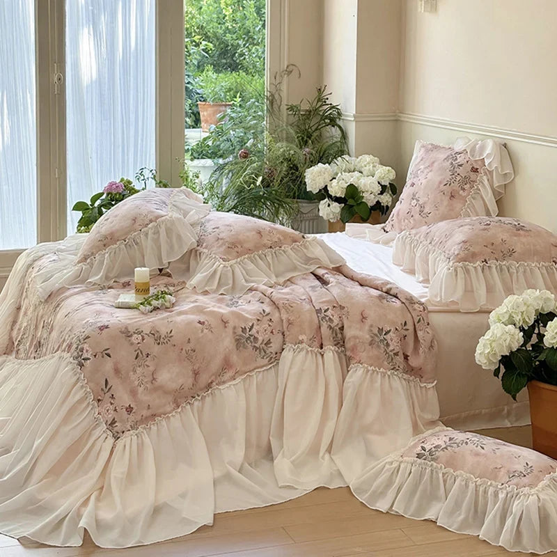 Bedding Set Ruffled Vintage Floral Cotton Blend