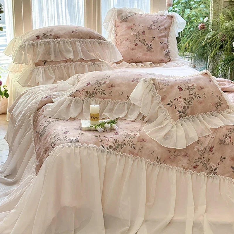 Bedding Set Ruffled Vintage Floral Cotton Blend
