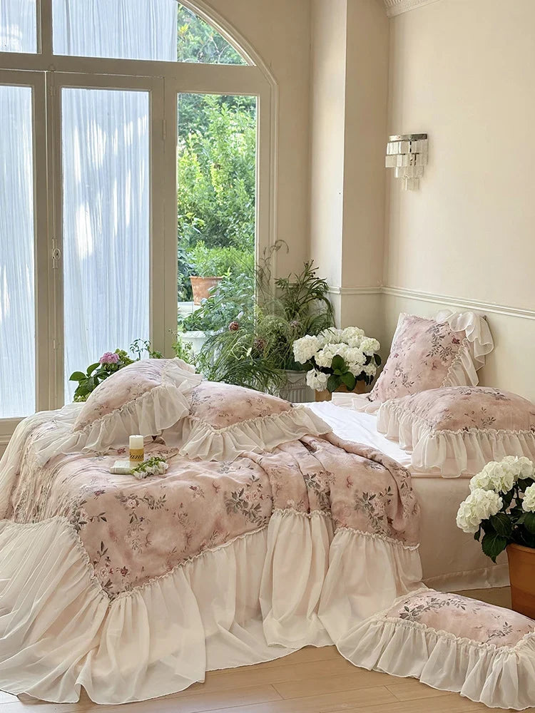 Bedding Set Ruffled Vintage Floral Cotton Blend