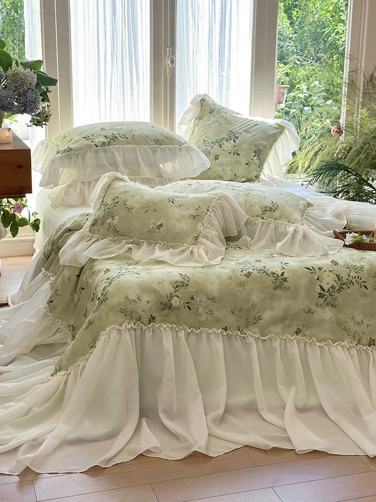 Bedding Set Ruffled Vintage Floral Cotton Blend
