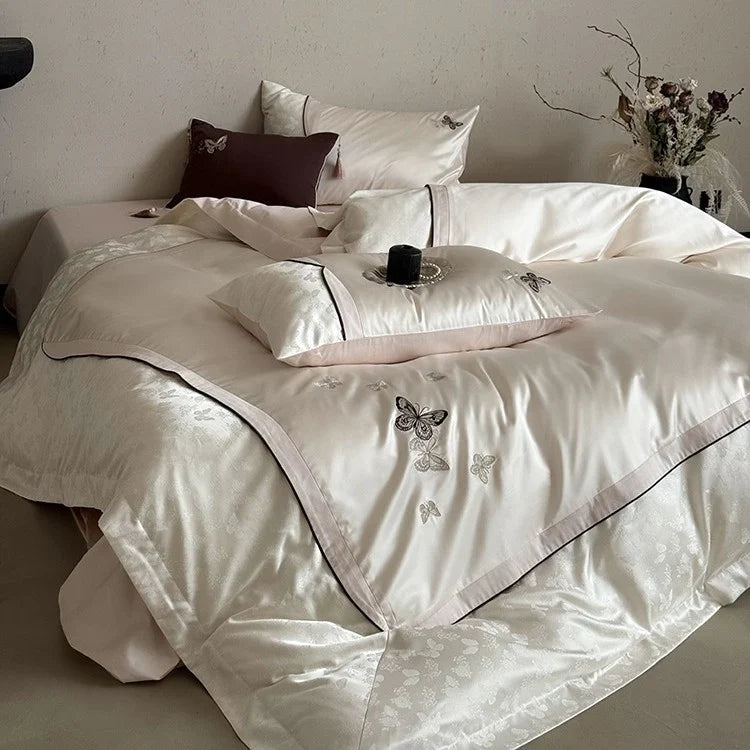 Bedding Set Satin Cotton Blend Embroidered Butterfly 4-Piece