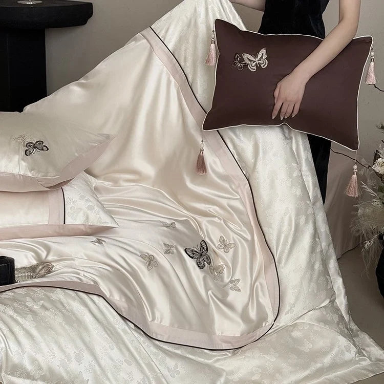 Bedding Set Satin Cotton Blend Embroidered Butterfly 4-Piece