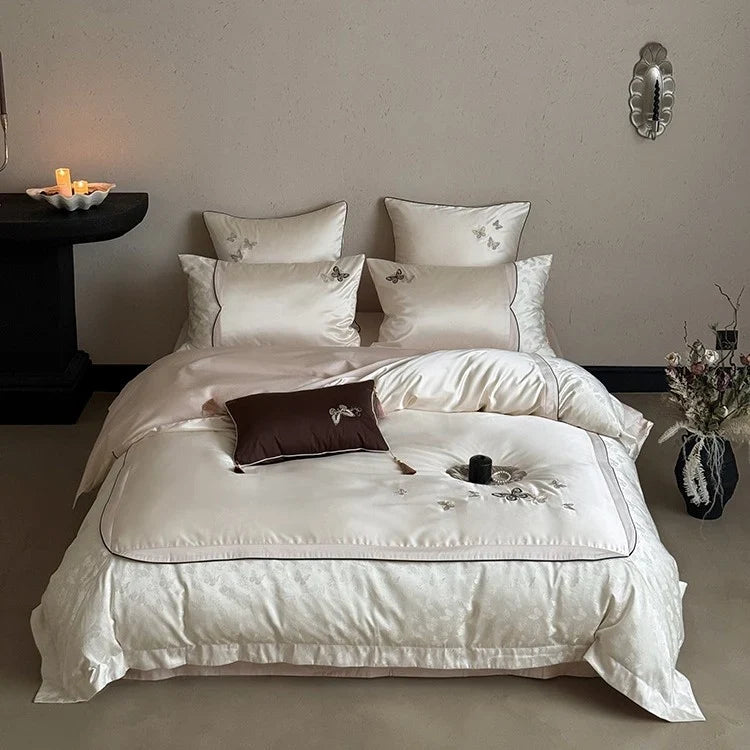 Bedding Set Satin Cotton Blend Embroidered Butterfly 4-Piece
