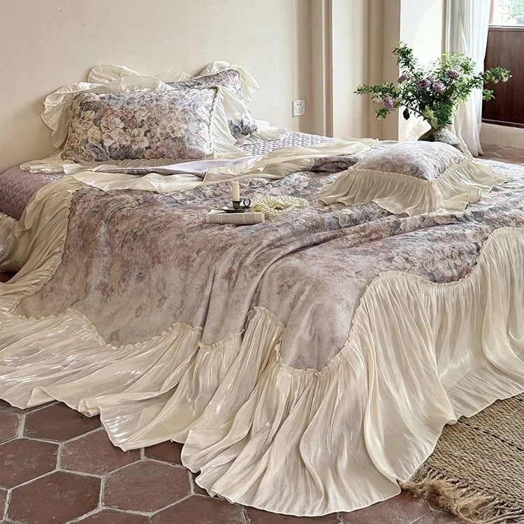 Bedding Set Satin Cotton Blend Pleated Ruffles