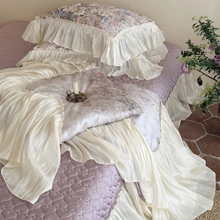 Bedding Set Satin Cotton Blend Pleated Ruffles
