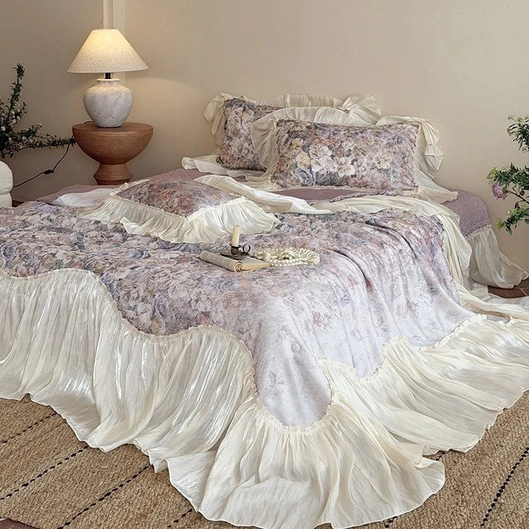Bedding Set Satin Cotton Blend Pleated Ruffles