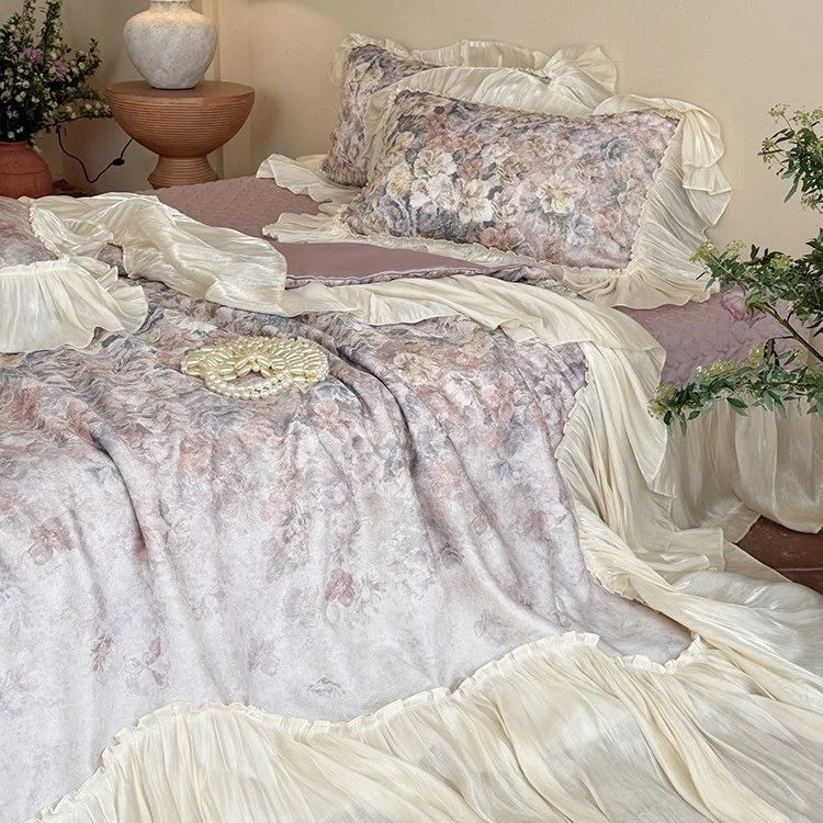 Bedding Set Satin Cotton Blend Pleated Ruffles