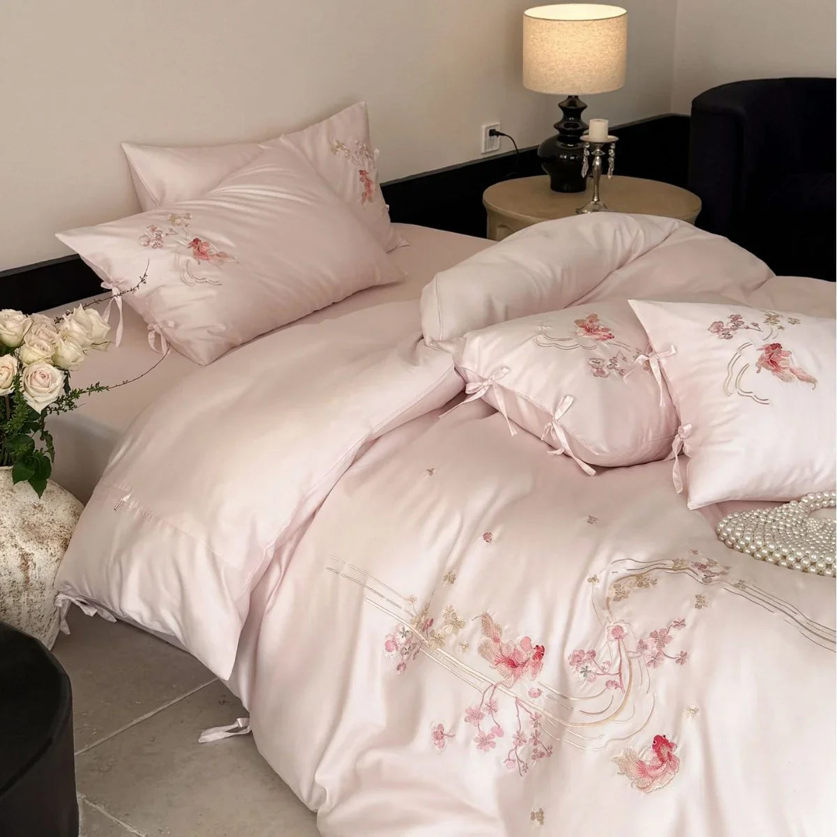 Bedding Set Satin Floral Embroidery 4-Piece