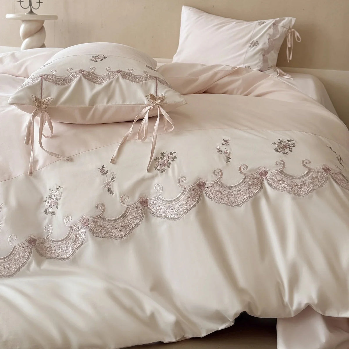 Bedding Set Satin Floral Embroidery & Ruffled Edges