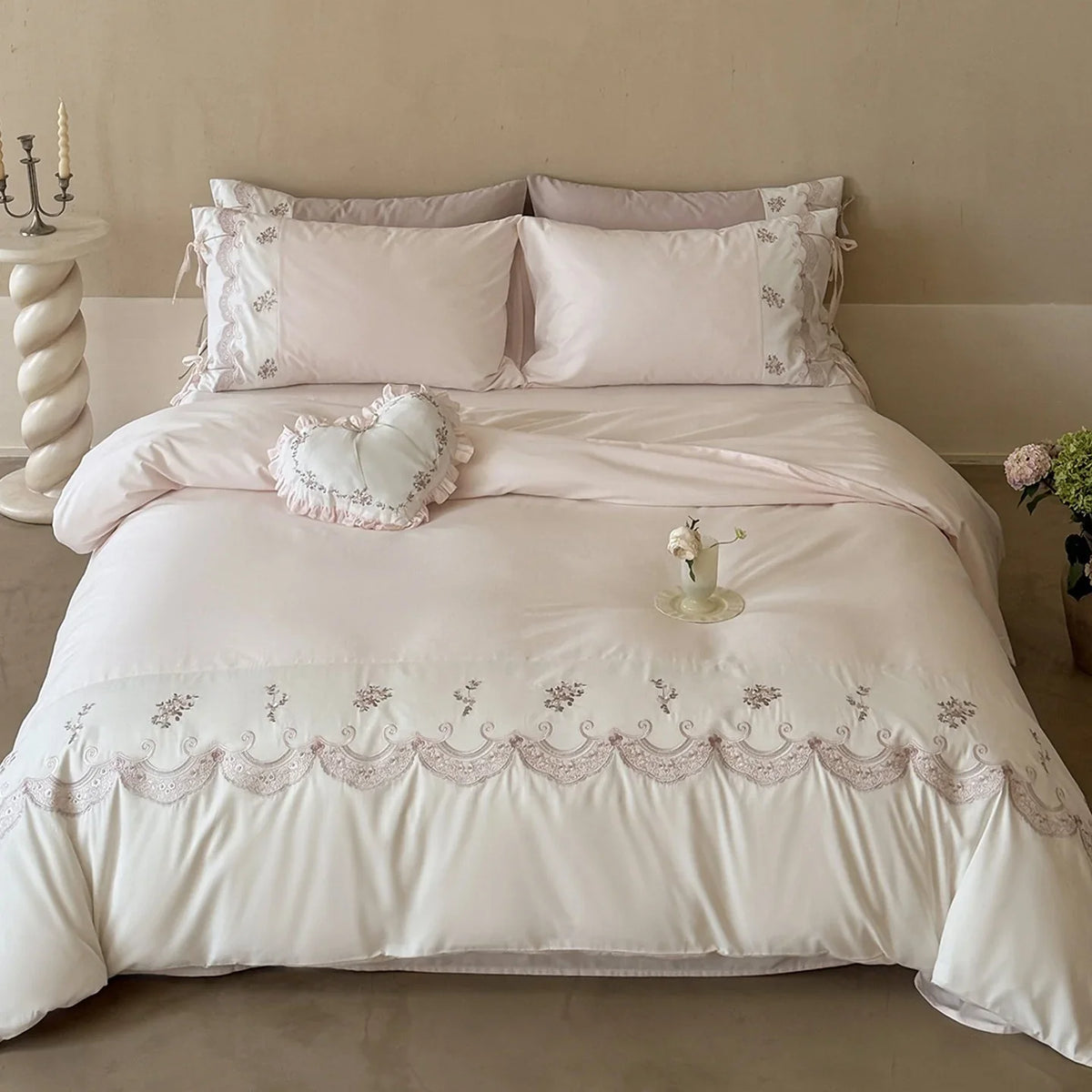 Bedding Set Satin Floral Embroidery & Ruffled Edges