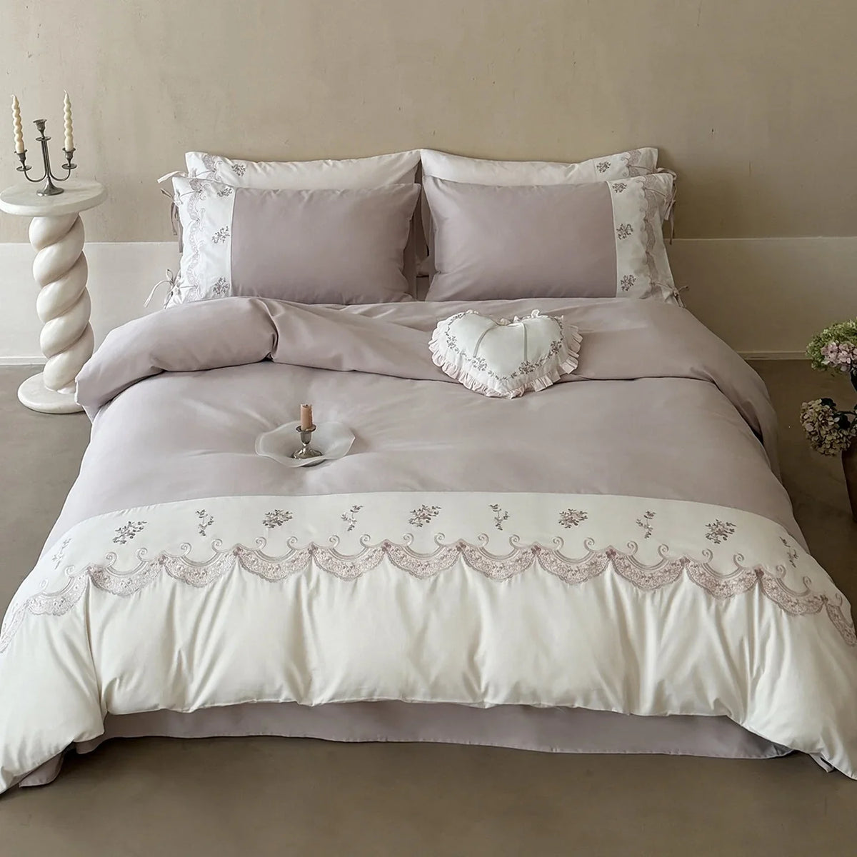 Bedding Set Satin Floral Embroidery & Ruffled Edges