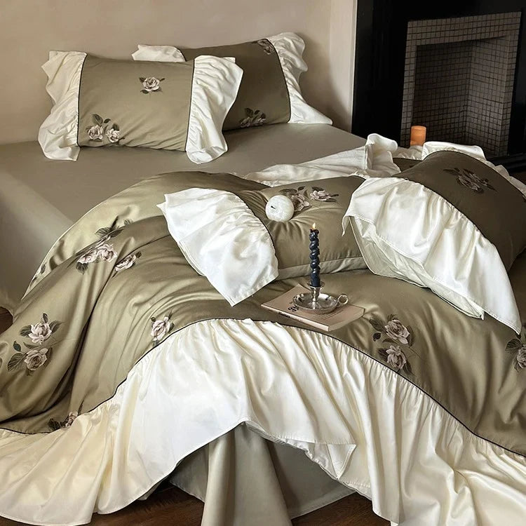Bedding Set Satin Floral Embroidery & Ruffled Trim