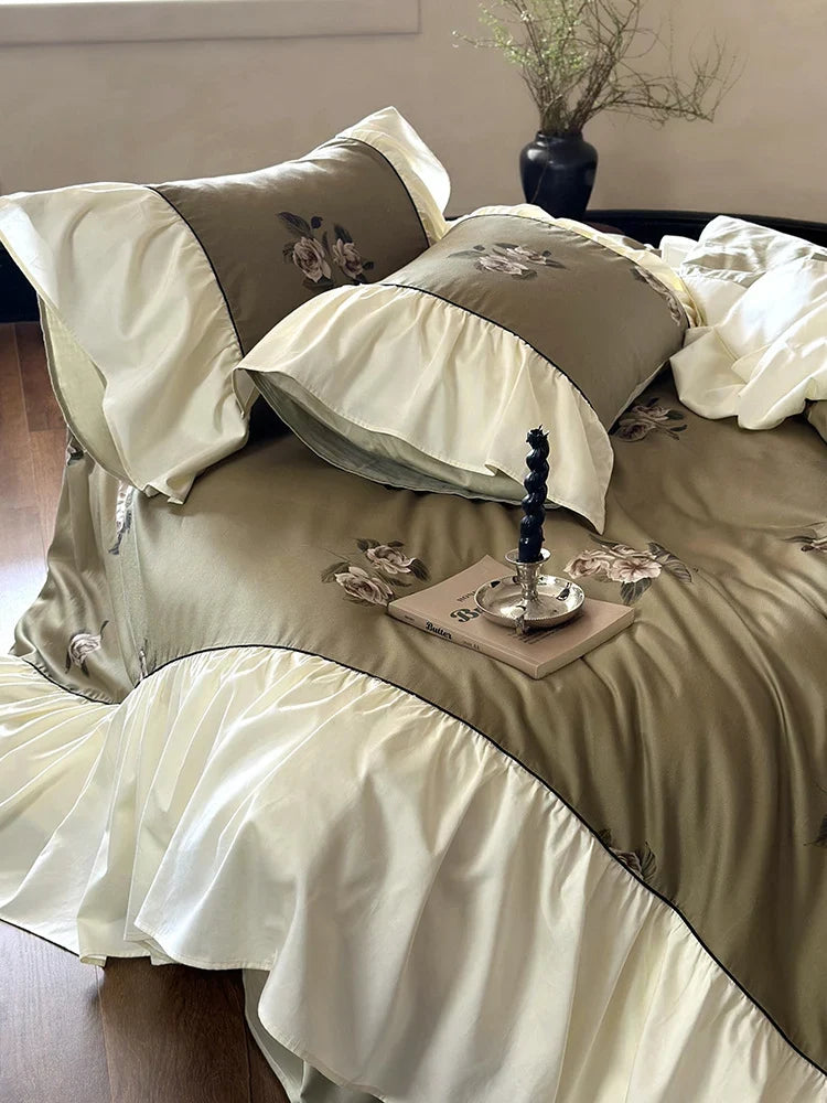 Bedding Set Satin Floral Embroidery & Ruffled Trim