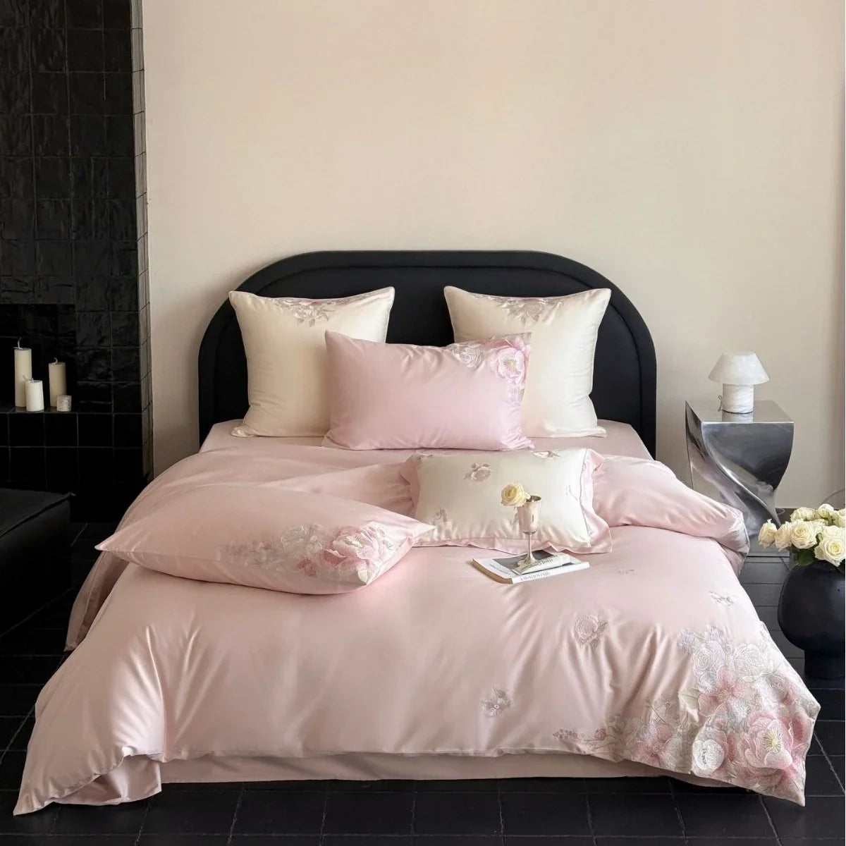 Bedding Set Satin Floral Relief Embroidery 4 Piece