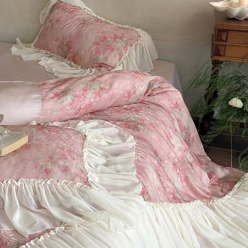 Bedding Set Satin Floral Watercolor & Chiffon Ruffle 4-Piece