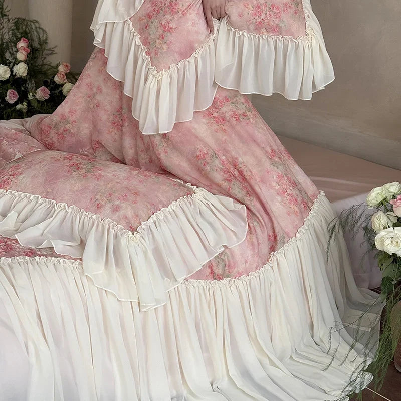Bedding Set Satin Floral Watercolor & Chiffon Ruffle 4-Piece