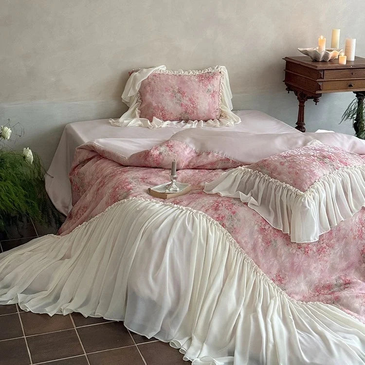 Bedding Set Satin Floral Watercolor & Chiffon Ruffle 4-Piece
