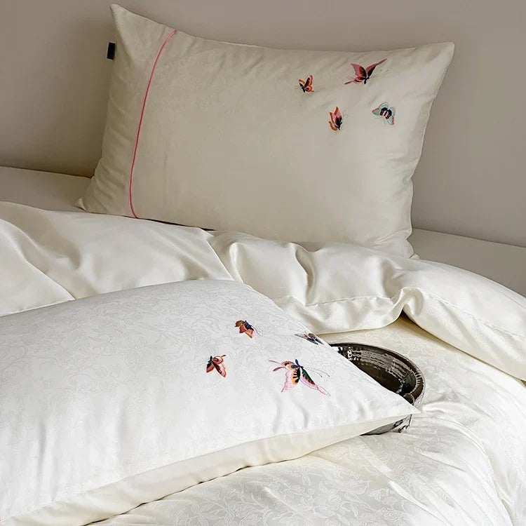 Bedding Set Satin Jacquard Embroidered Butterflies 4 Piece