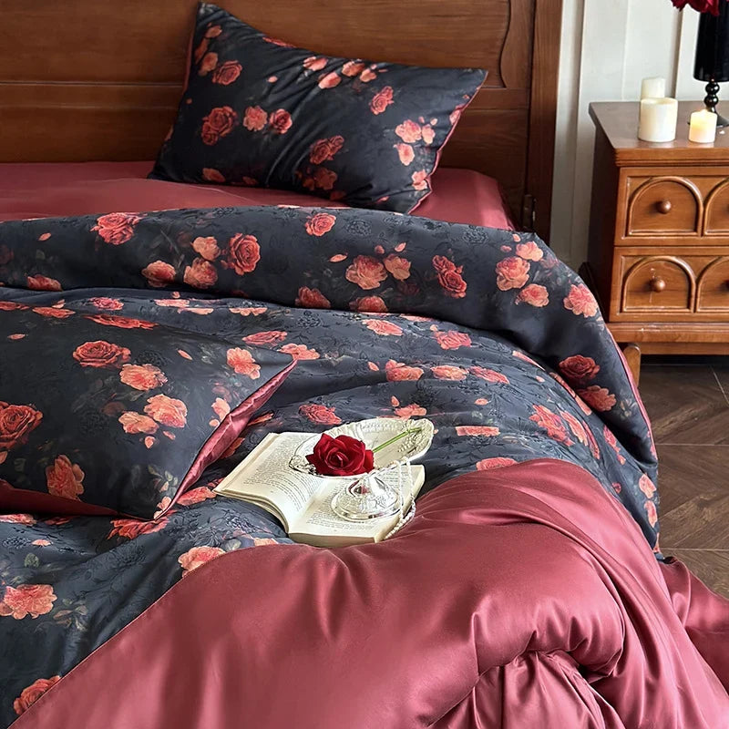 Bedding Set Satin Reversible Rose Print Wrinkle-Resistant