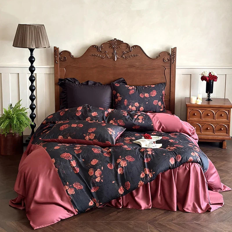 Bedding Set Satin Reversible Rose Print Wrinkle-Resistant