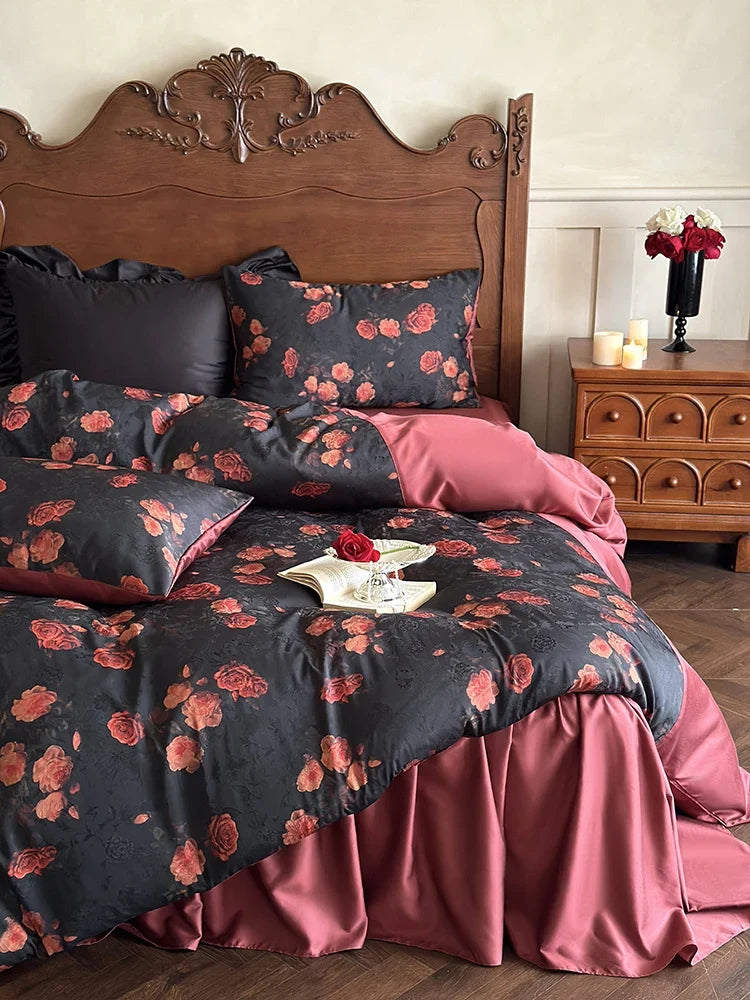 Bedding Set Satin Reversible Rose Print Wrinkle-Resistant