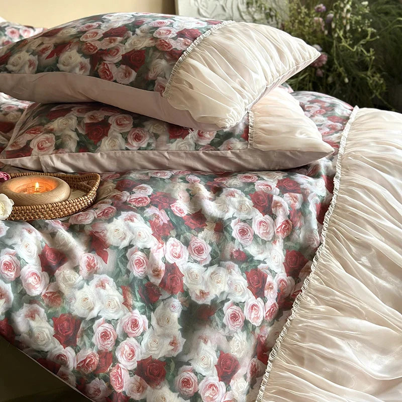 Bedding Set Satin Rose Pattern & Gathered Bed Skirt