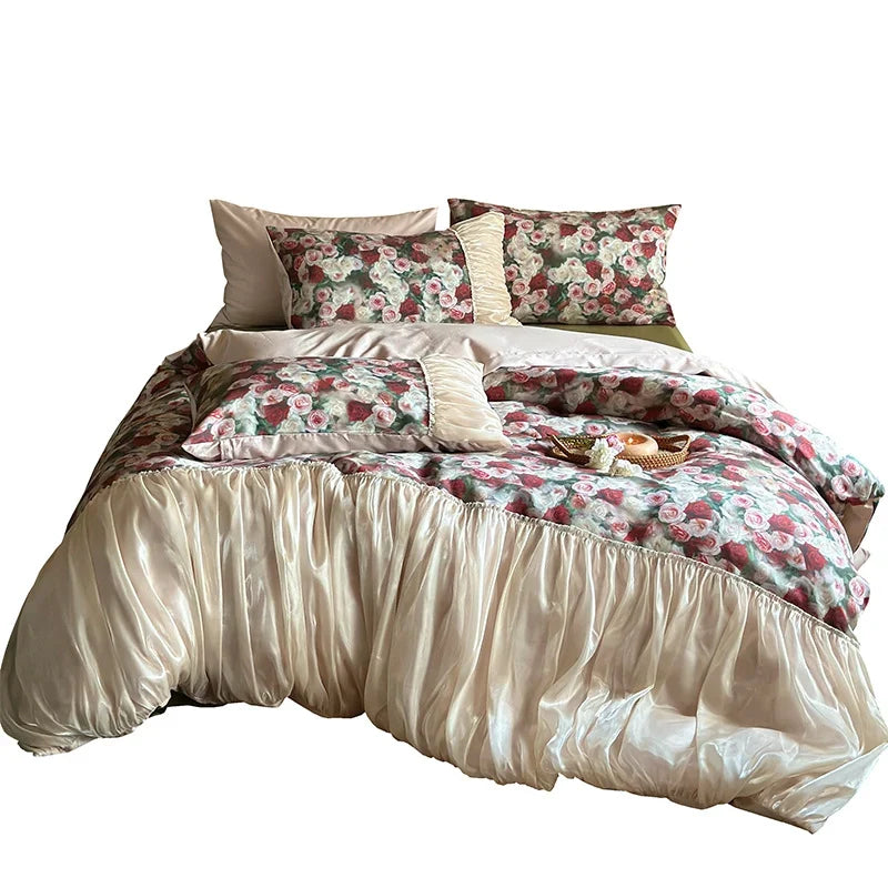 Bedding Set Satin Rose Pattern & Gathered Bed Skirt