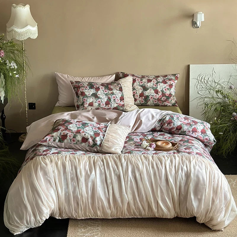 Bedding Set Satin Rose Pattern & Gathered Bed Skirt