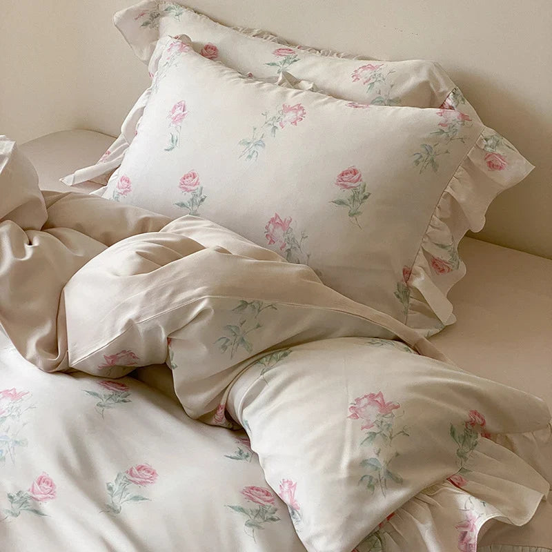 Bedding Set Satin Rose Print Ruffled Hem 4 Piece