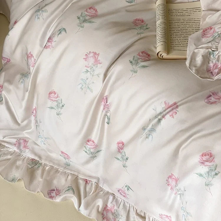 Bedding Set Satin Rose Print Ruffled Hem 4 Piece