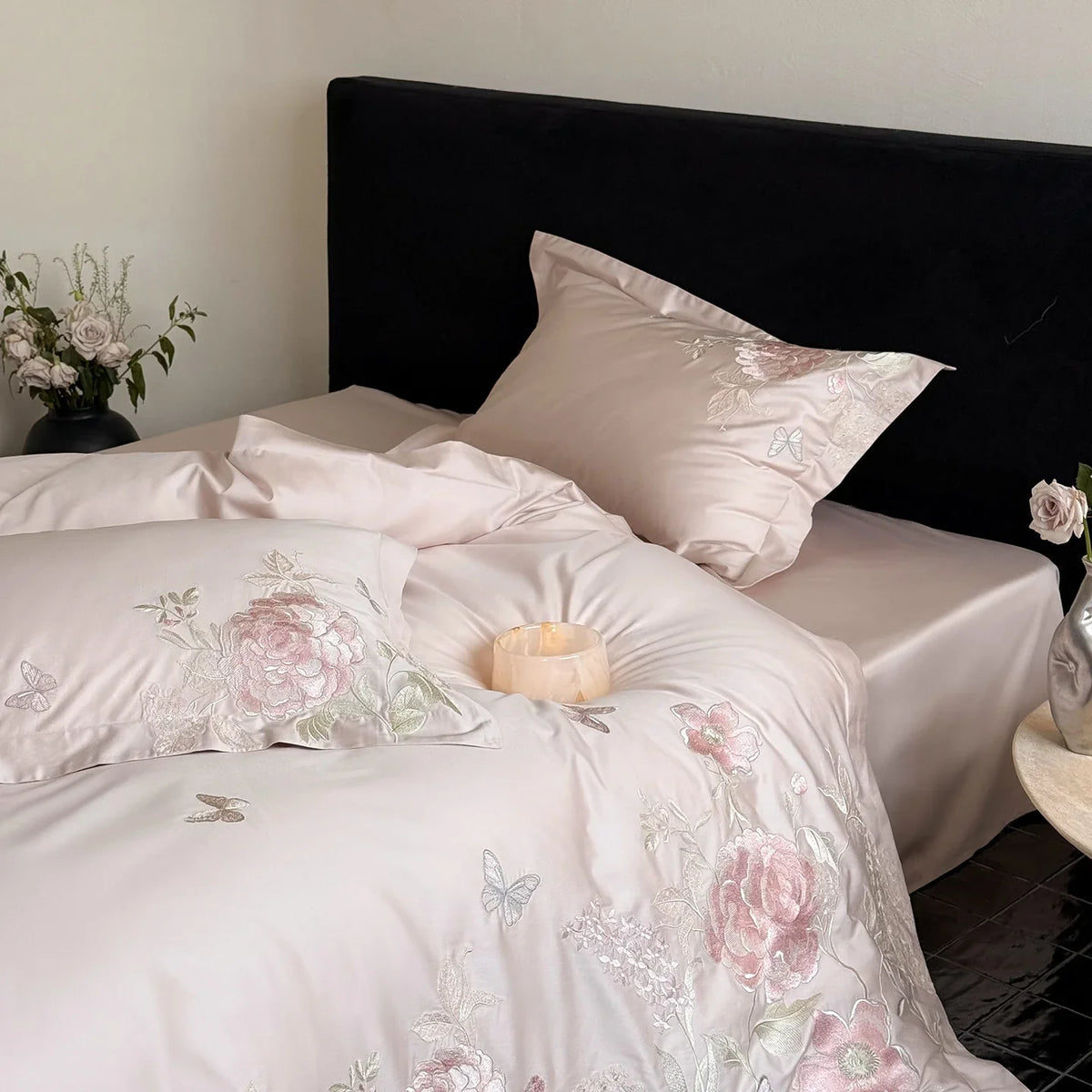 Bedding Set Satin Silk-Soft Floral Embroidery 4-Piece