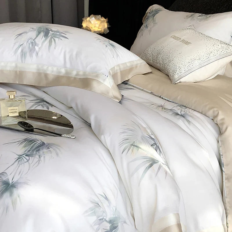 Bedding Set Silky Cotton Satin Leaf Print 4-Piece Set