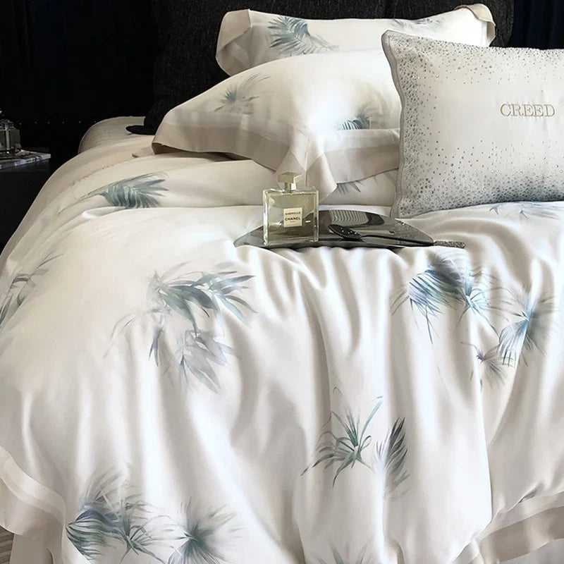 Bedding Set Silky Cotton Satin Leaf Print 4-Piece Set