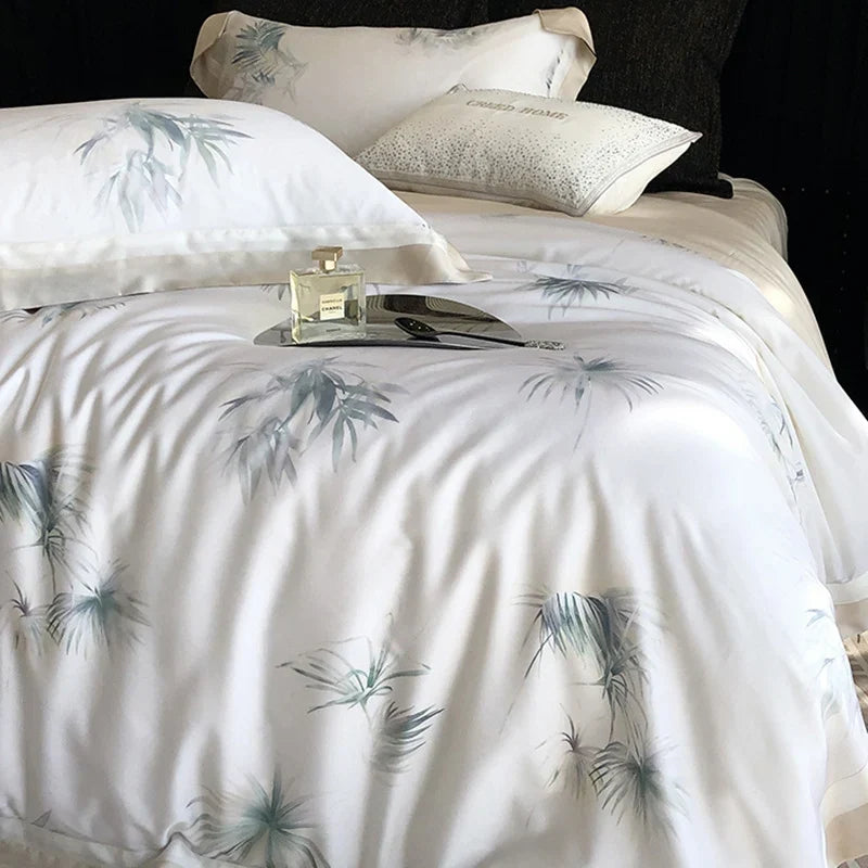 Bedding Set Silky Cotton Satin Leaf Print 4-Piece Set