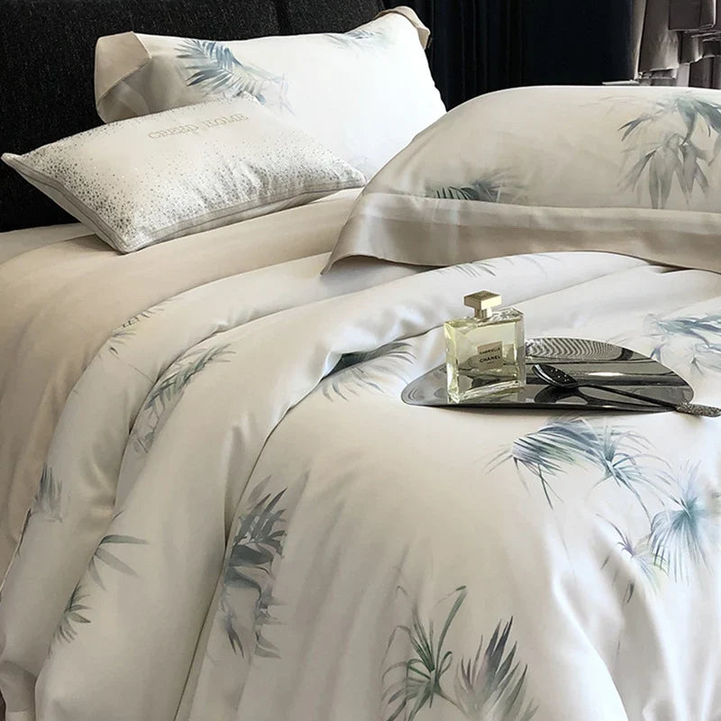 Bedding Set Silky Cotton Satin Leaf Print 4-Piece Set