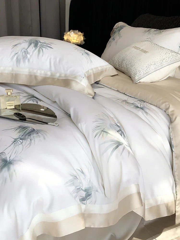 Bedding Set Silky Cotton Satin Leaf Print 4-Piece Set