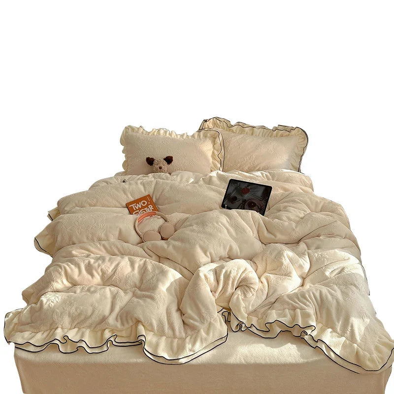 Bedding Set Silky Milk Fiber Double-Layer Lace Edge