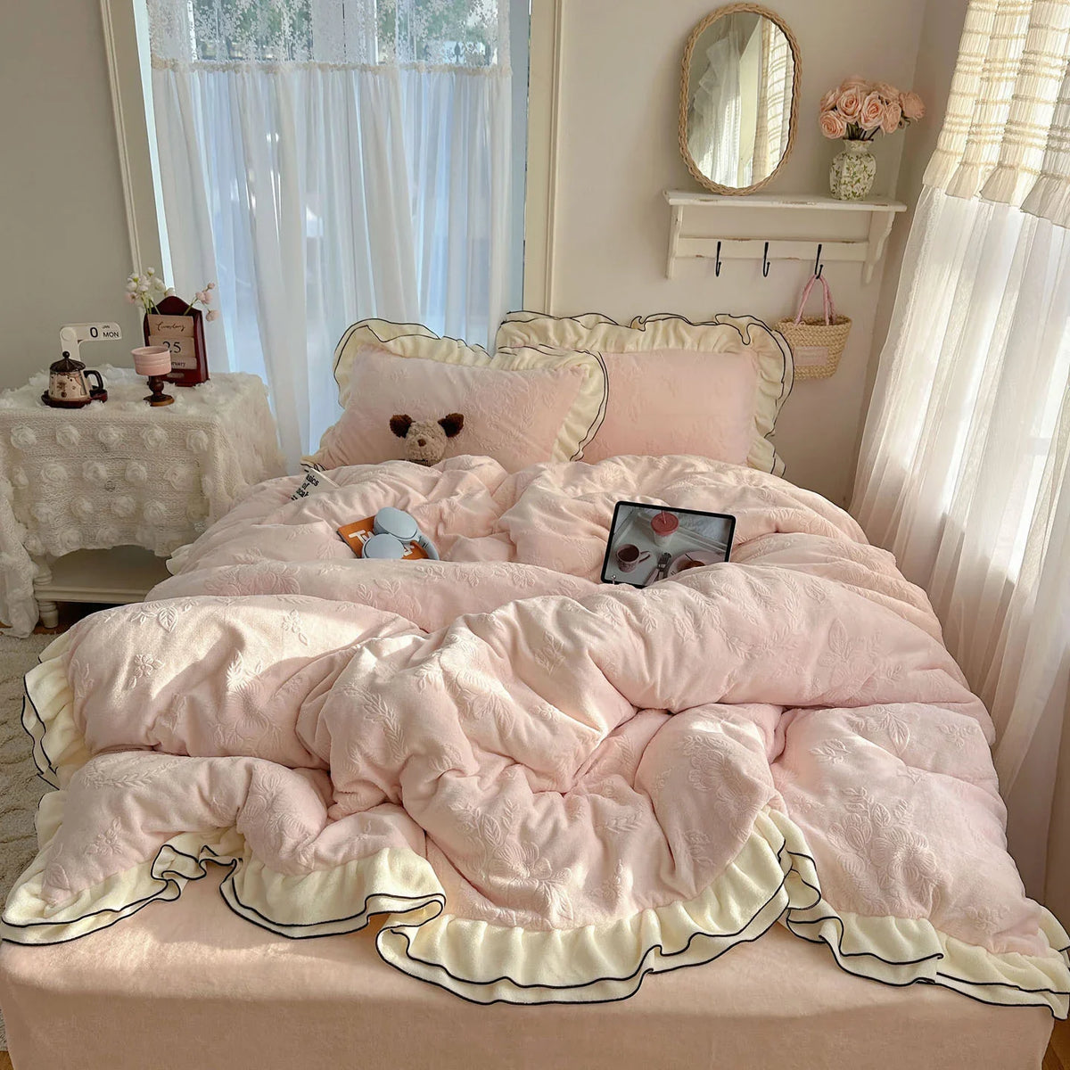 Bedding Set Silky Milk Fiber Double-Layer Lace Edge