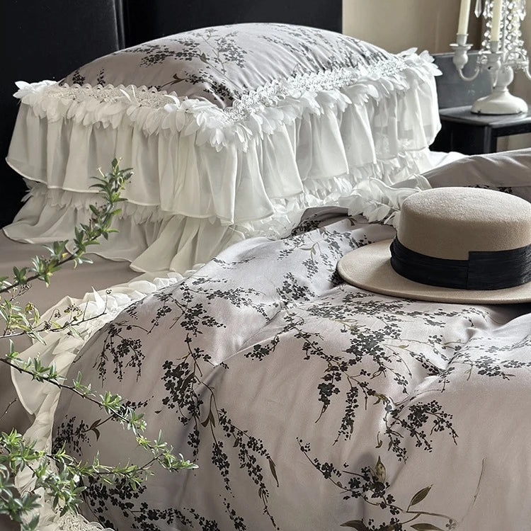 Bedding Set Silky Satin 4-Piece Floral & Lace Trim