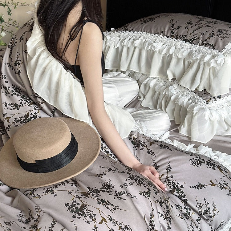 Bedding Set Silky Satin 4-Piece Floral & Lace Trim