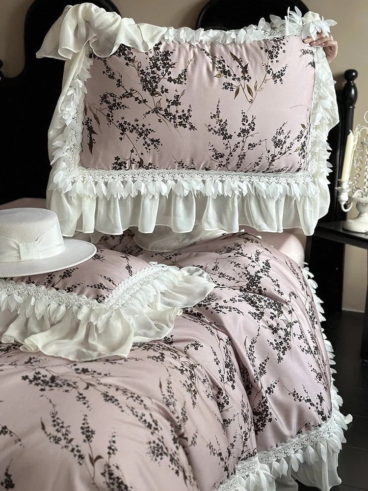 Bedding Set Silky Satin 4-Piece Floral & Lace Trim